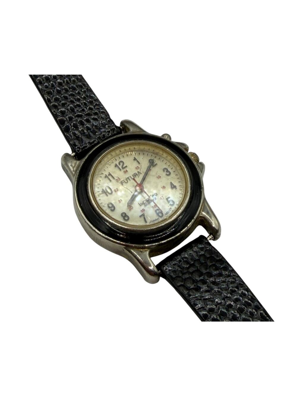 Futura Women's Quartz Watch Black Leather Strap Base Metal Case White Dial